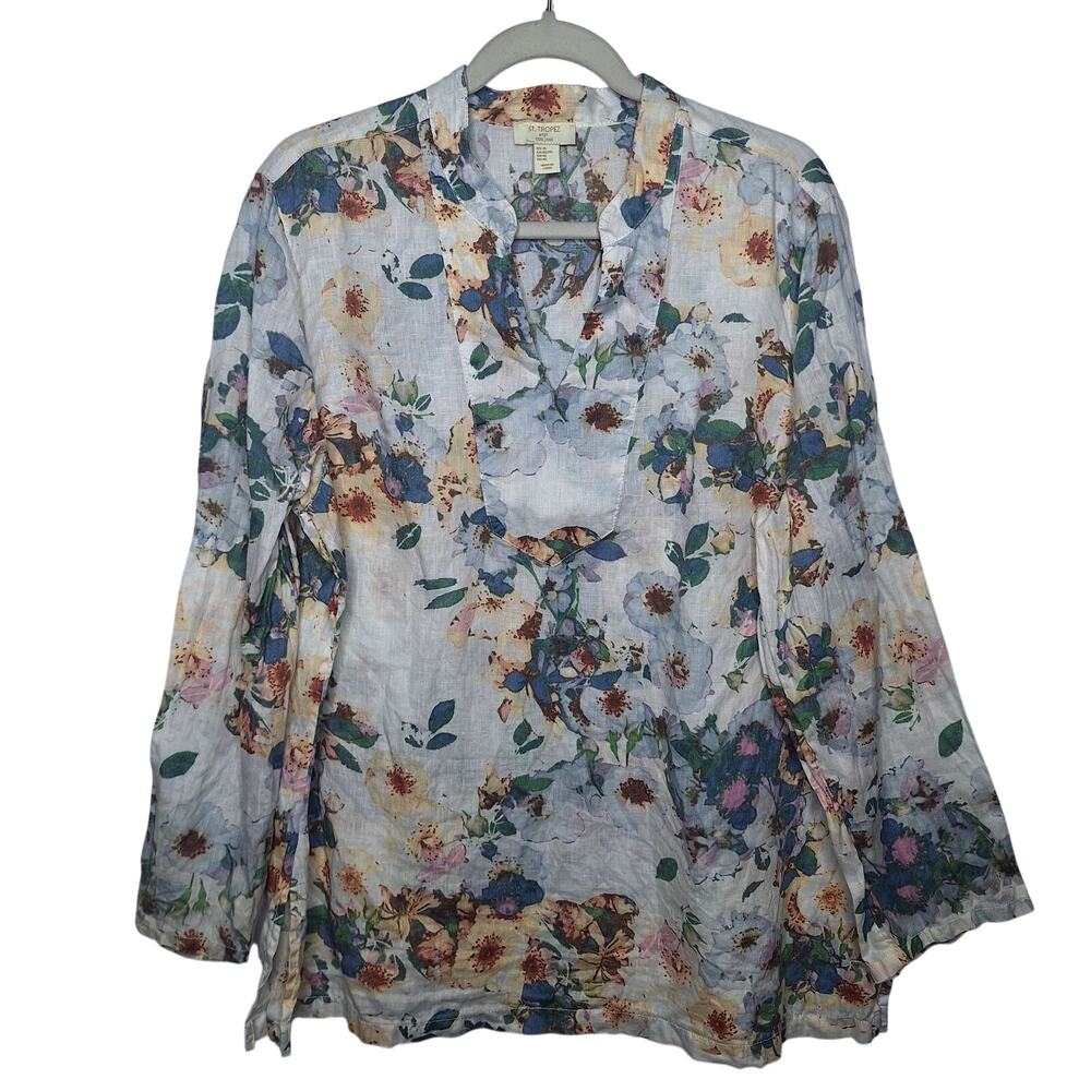 St. Tropez West Linen Tunic Top XL V-neck Long Sleeve Floral Beach Boho Popover
